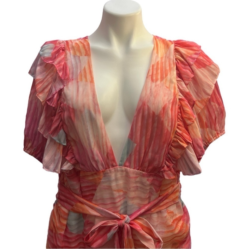 L’atiste Multicolor Ruffle Mini Dress Deep V Flutter Sleeve Ruched Colorful - Picture 6 of 15